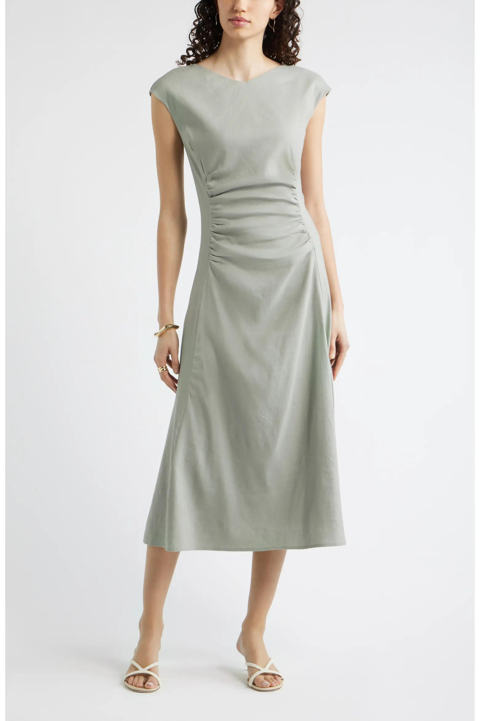 Linen Blend Ruched Midi Dress (Women) | Nordstrom | Nordstrom