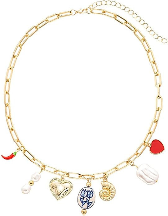 Gold Charm Necklace for Women White Pearl Choker Necklace Head Portrait Square Pendant Necklace B... | Amazon (US)