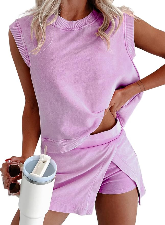Two Piece Skirt Sets for Women Summer Travel Outfits Tennis Skirt Crew Neck Top Workout Tracksuit... | Amazon (US)