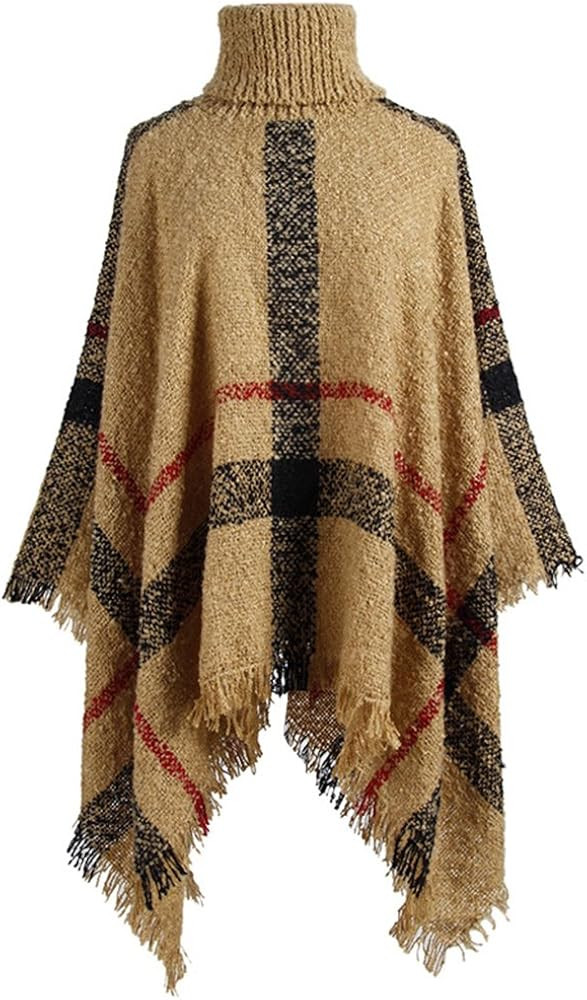 QZUnique Women's Turtleneck Poncho Sweater Knit Cape Pullover Shawl Wrap Dress Ponchos Tassels | Amazon (US)