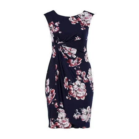 CONNECTED APPAREL Womens Navy Stretch Floral Sleeveless Round Neck Below The Knee Party Sheath Dress | Walmart (US)
