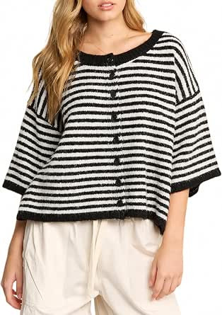 Women's Striped 3/4 Sleeve Button Knit Cardigan Sweater | Amazon (US)
