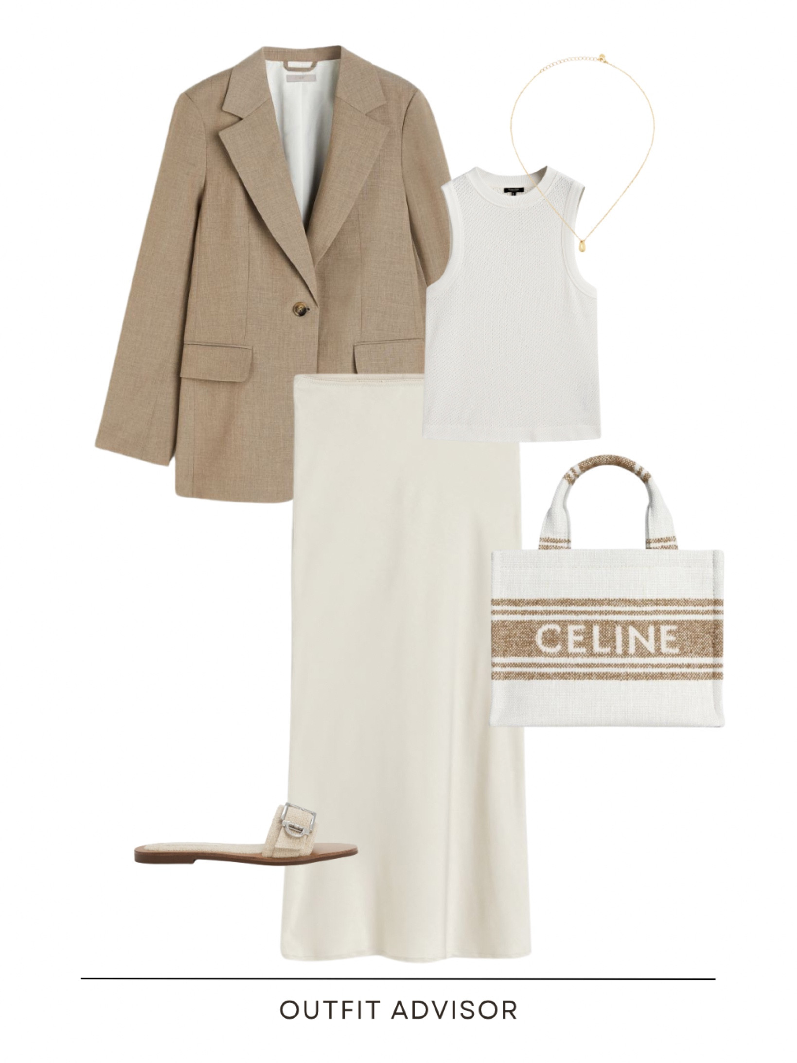 Chic spring/summer outfit idea: a brown blazer, white tank top, midi skirt, sandals, gold pendant necklace and a celine tote bag

#LTKtravel #LTKstyletip #LTKshoecrush