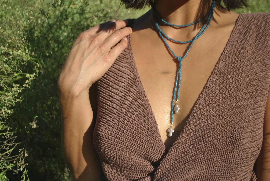Bolo Freshwater Cross Pearl Necklace Freshwater (Long Blue Wrap) | Etsy (US)