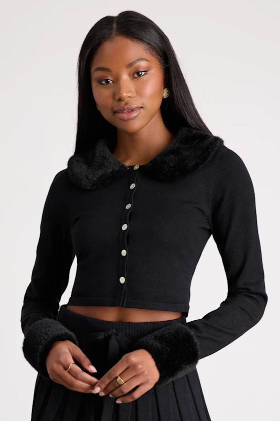 Layden Black Faux Fur Collared Cardigan | Lulus