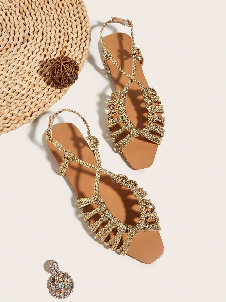 TendênciasFérias Ouro Sandálias Para Mulheres , Metálico Detalhe Trançado Sandálias Slingba... | SHEIN