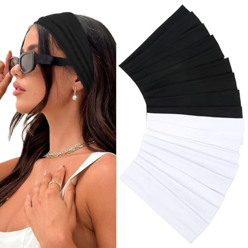 Elastic Headbands 16 Pack - Women's Soft Fabric Non-Slip Sweat Bands for Yoga, Running, Sports, and Hair Accessories - Black White Thick Bands | Amazon (US)