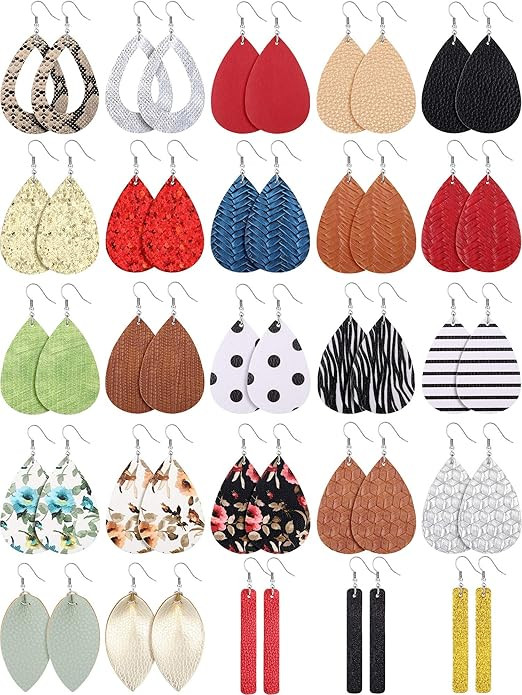 25 Pairs Faux Leather Earrings Teardrop Dangle Earrings Lightweight Leaf Earrings | Amazon (US)
