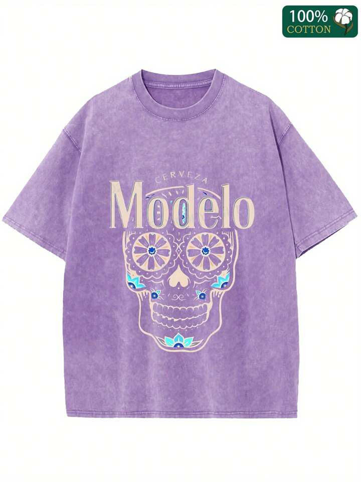 "Modelo" Skull Graphic Printed Street Style! Men's Casual Wear 230g Washed Cotton Round Neck Short Sleeve! Comfortable & Breathable Basic Printed Tee Ideal For Summer! High-Quality Bold Fashion Design | SHEIN