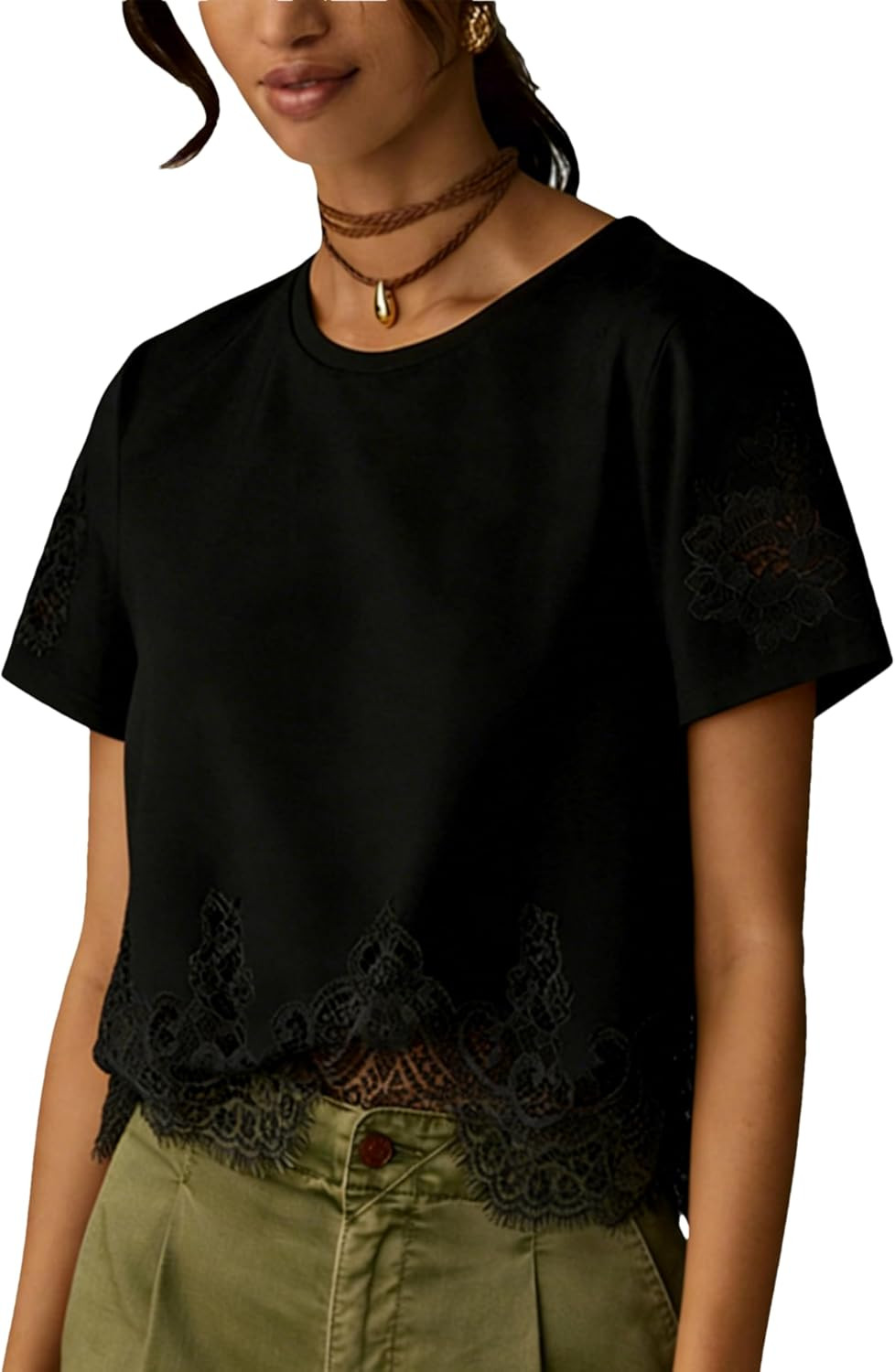 Aimiray Women's Lace Tops Cropped Crew Neck Lace Trim Shirt | Amazon (US)