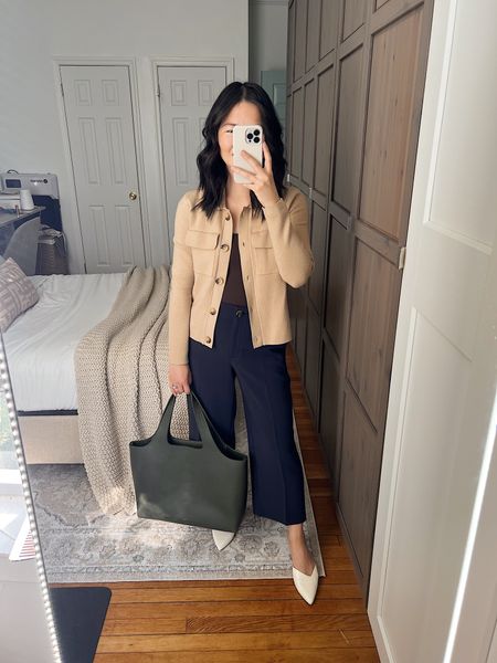 Beige sweater jacket (XSP)
Brown tank top  (XS/S)
Navy pants  (4P)
Olive green tote bag
White pumps  (1/2 size up)
Smart casual outfit
Business casual outfit 
Ann Taylor outfit 
Neutral work outfit 
Neutral outfit 
Teacher outfit

#LTKfindsunder100 #LTKSeasonal #LTKworkwear