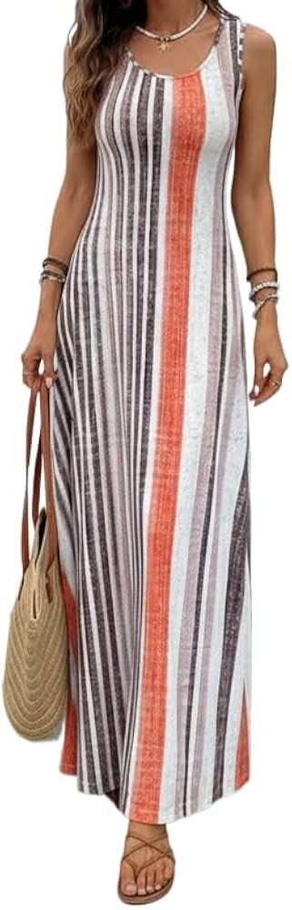 Women's Summer Sleeveless Striped Maxi Dress Casual Crewneck Color Block Slim Fit Beach Vacation ... | Amazon (US)