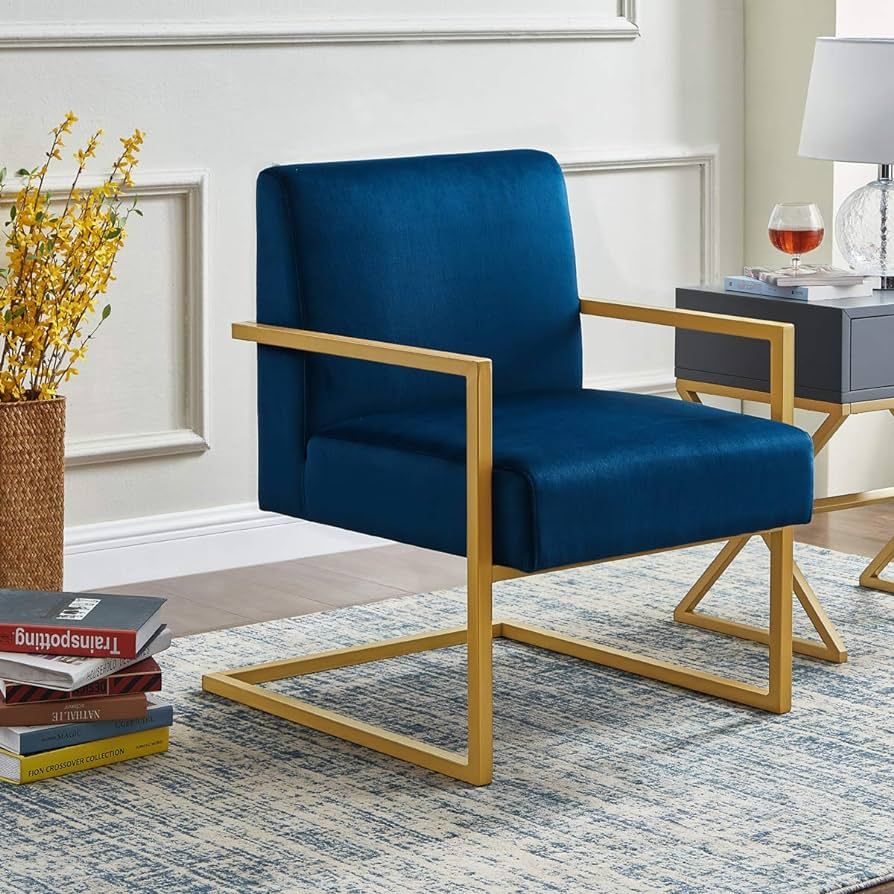24KF Comfortable Fashional Accent Chair - Velvet Cushion & Square Arm Metal Golden Stand -Navy | Amazon (US)