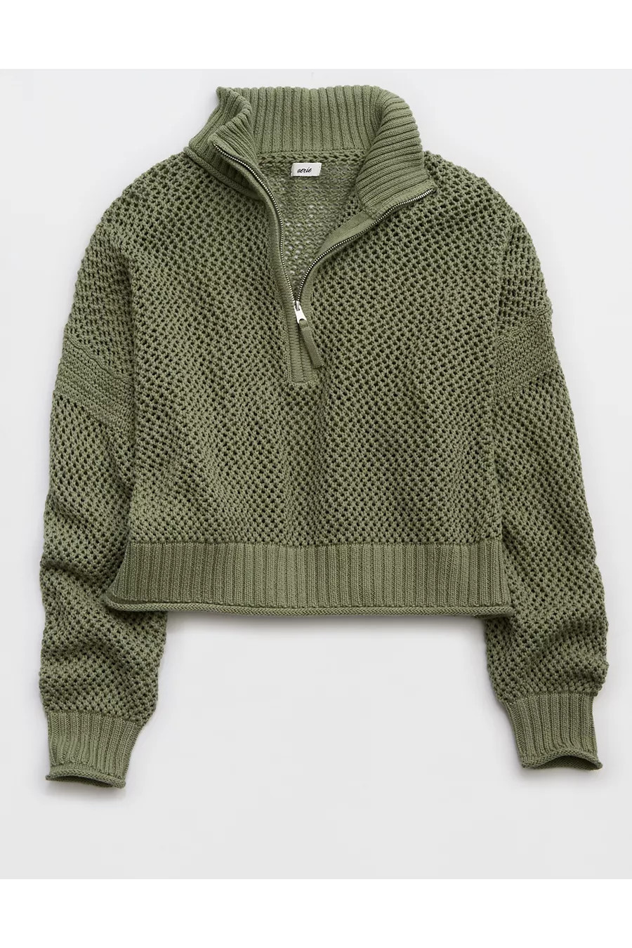 Aerie Crochet Quarter Zip Sweater Women's Olive Fun L | American Eagle Outfitters (US & CA)