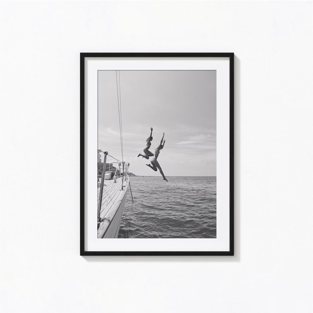 Ocean Jump Sail Boat Yacht Print, Summer Black and White Wall Art, Vintage Print, Photography Pri... | Etsy (US)