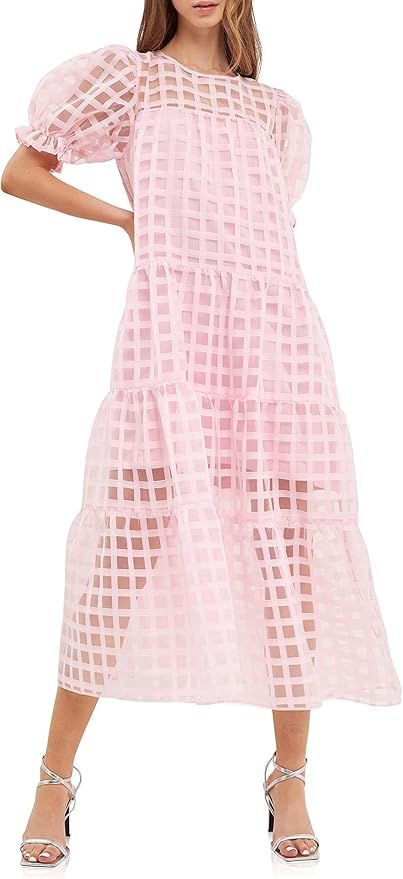 English Factory Women's Organza Gridded Puff Sleeve Maxi Dress | Amazon (US)