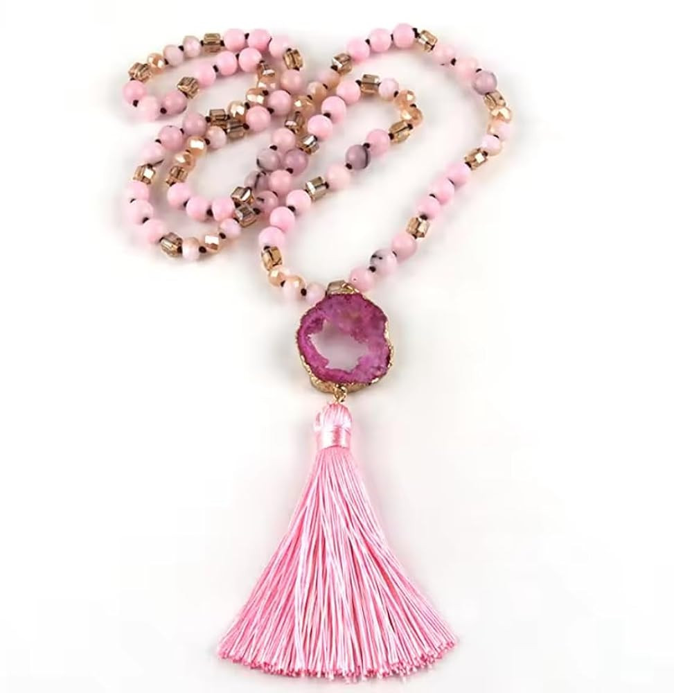 8mm Bohemian Semi Precious Stones Knotted Druzy Stone Links Tassel Necklaces For Women Necklace | Amazon (US)