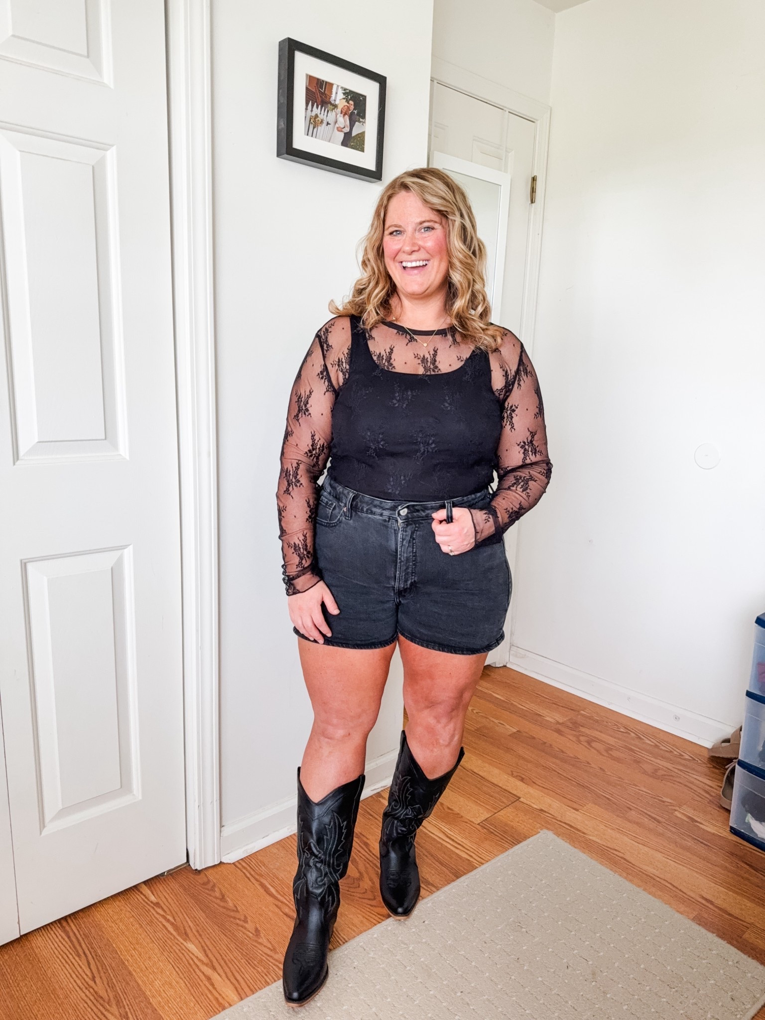 My black denim shorts are older but I linked similar.  xL in the lace top and a large in the old navy tank underneath!  Boots are wide calf friendly cowboy bootss

#LTKMidsize #LTKSeasonal #LTKFindsUnder50