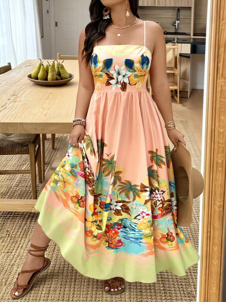 Weeklong Plus Size Women's Summer Fashion Romantic Elegant Casual Vacation Palm Tree Print Slip Dress | SHEIN