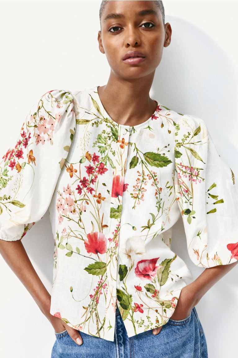 Linen-blend Blouse - Round Neck - 3/4 sleeve - White/floral - Ladies | H&M US | H&M (US + CA)