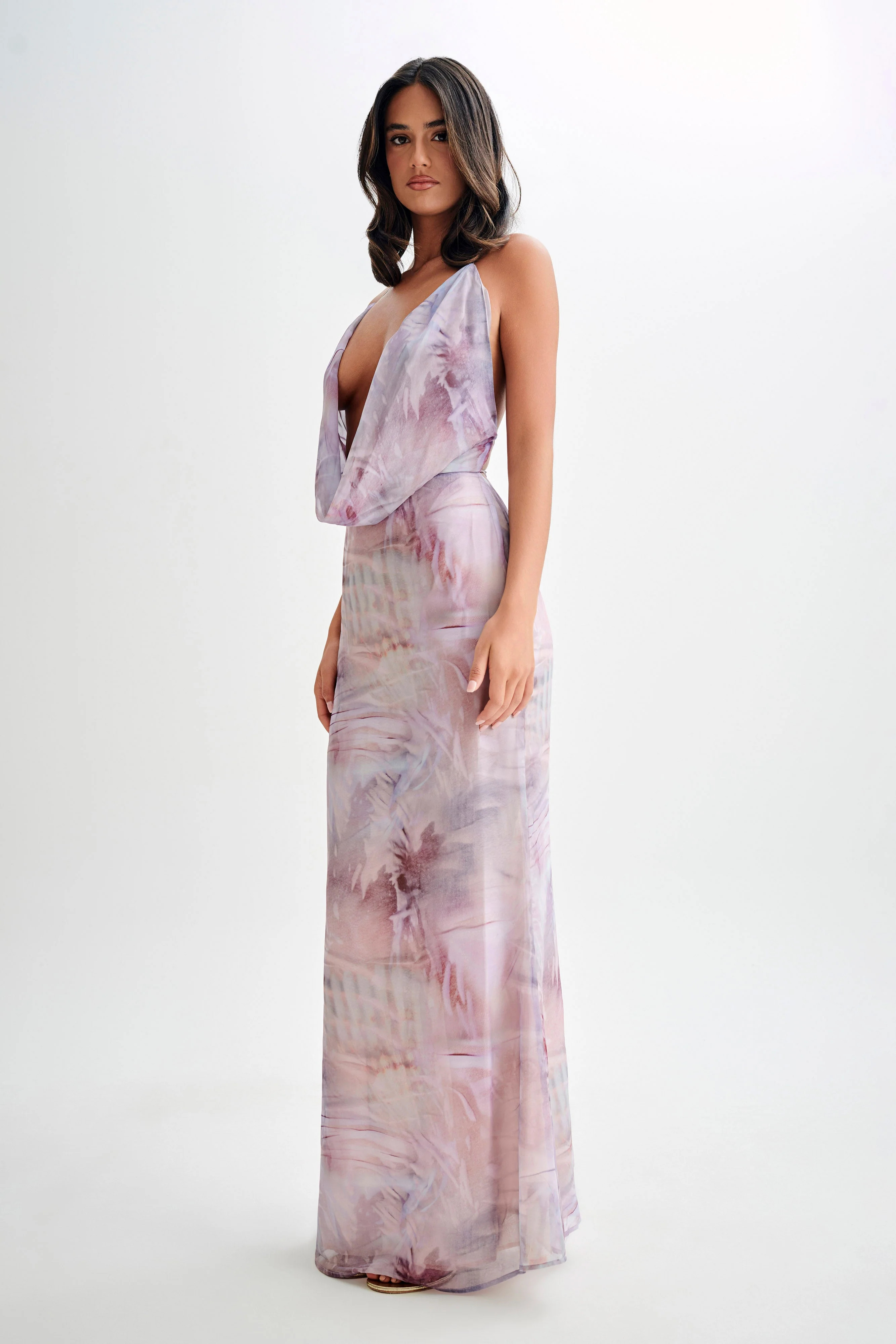 Cowl Chiffon Maxi Dress - Mermaid Shell Print | MESHKI US
