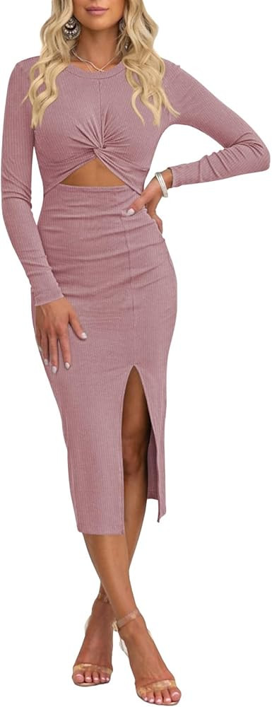 Pink Queen Women's Crew Neck Long Sleeve Midi Dress Cutout Twist Front Bodycon Slit Pencil Ribbed... | Amazon (US)