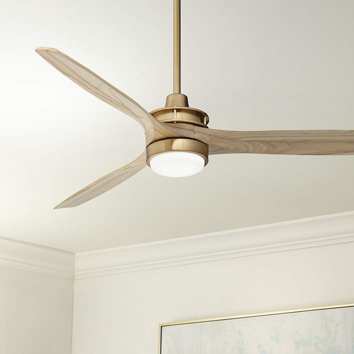 52" Windspun Soft Brass and Natural Wood LED Ceiling Fan with Remote | Lamps Plus