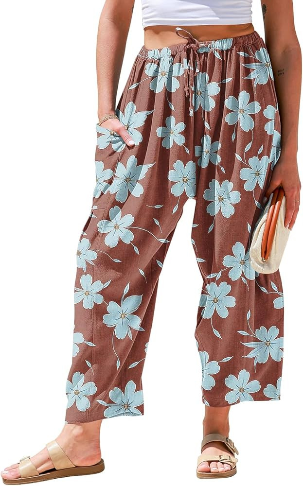 TARSE Womens Linen Wide Leg Pants Casual Loose Drawstring Summer 2025 Beach Travel Vacation Palaz... | Amazon (US)