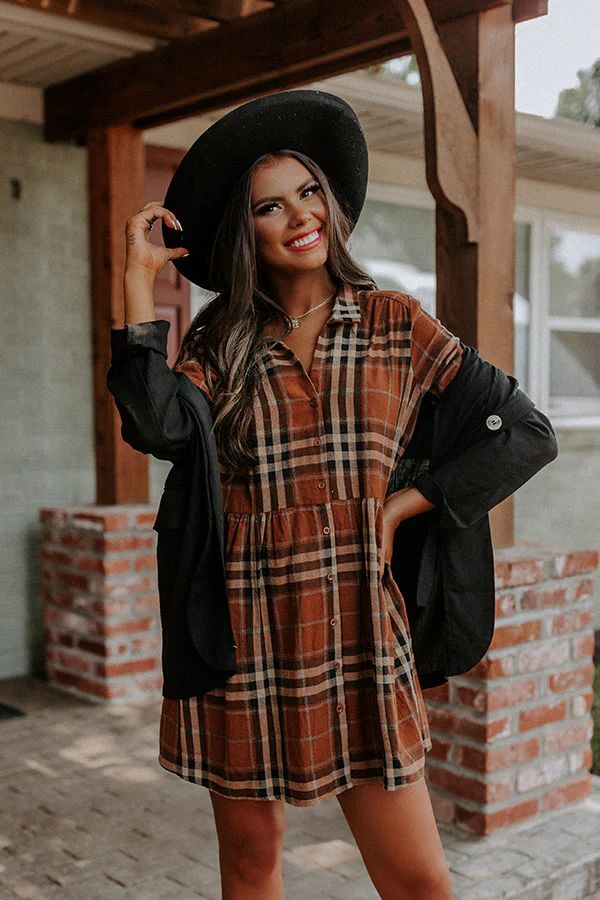Cheery Mood Plaid Tunic Dress in Dark Camel | Impressions Online Boutique