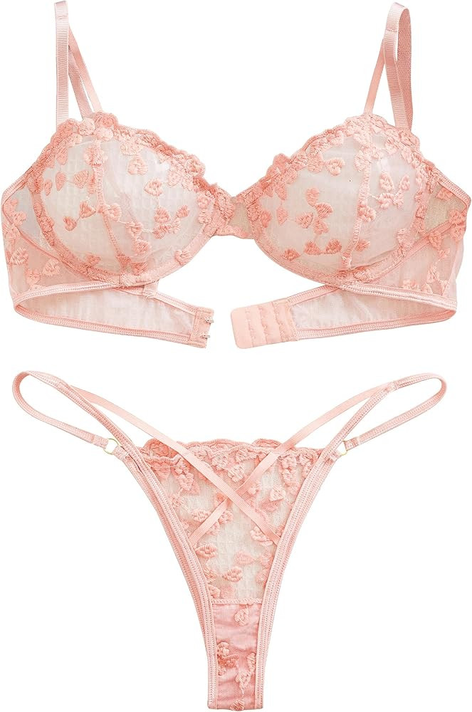 Sexy Womens Lingerie Set Floral Embroidered Underwire G-String Cute Mesh Sheer Bra And Panty Sets... | Amazon (US)