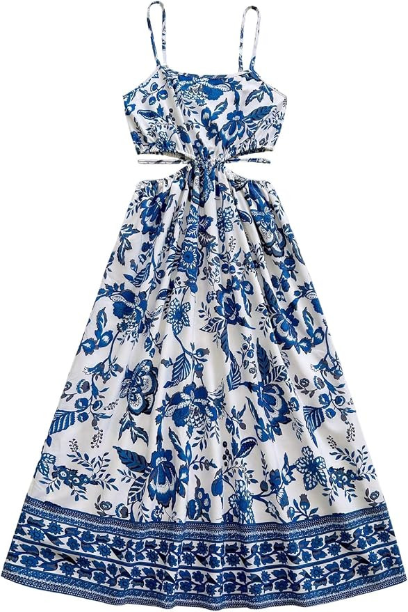 Floerns Women's Cut Out Tropical Spaghetti Strap Midi Dress Summer Beach Vacation Flowy Dresses | Amazon (US)