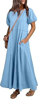 Acelitt Women Casual Trendy Summer Crewneck Puff Sleeve Midi Dress, S-XXL | Amazon (US)