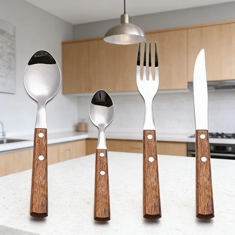 16-Piece Wooden Handle Flatware Set, 4 Place Settings Of 18/8 Stainless Steel Cutlery With Dinner... | Wayfair North America