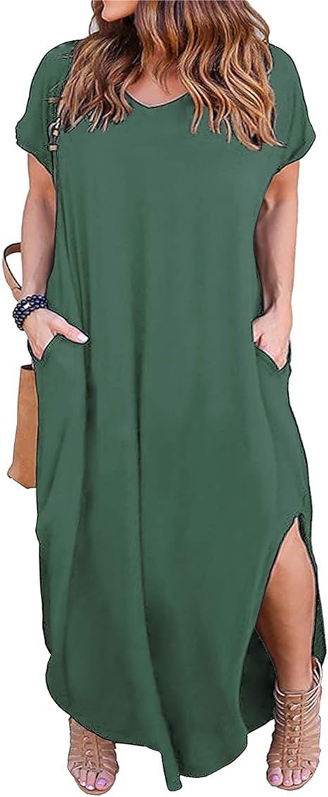 Nemidor Women's Casual Loose Pocket Long Dress Short Sleeve Plus Size Slit Maxi Dress | Amazon (US)