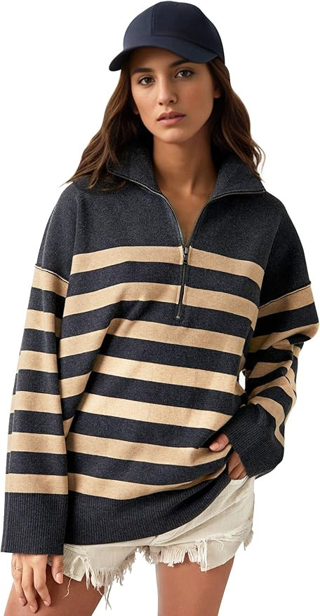 Knit Coastal Stripe Pullover for Women Oversized Fit Medium Weight Sweater with Quarter Zip Neckl... | Amazon (US)
