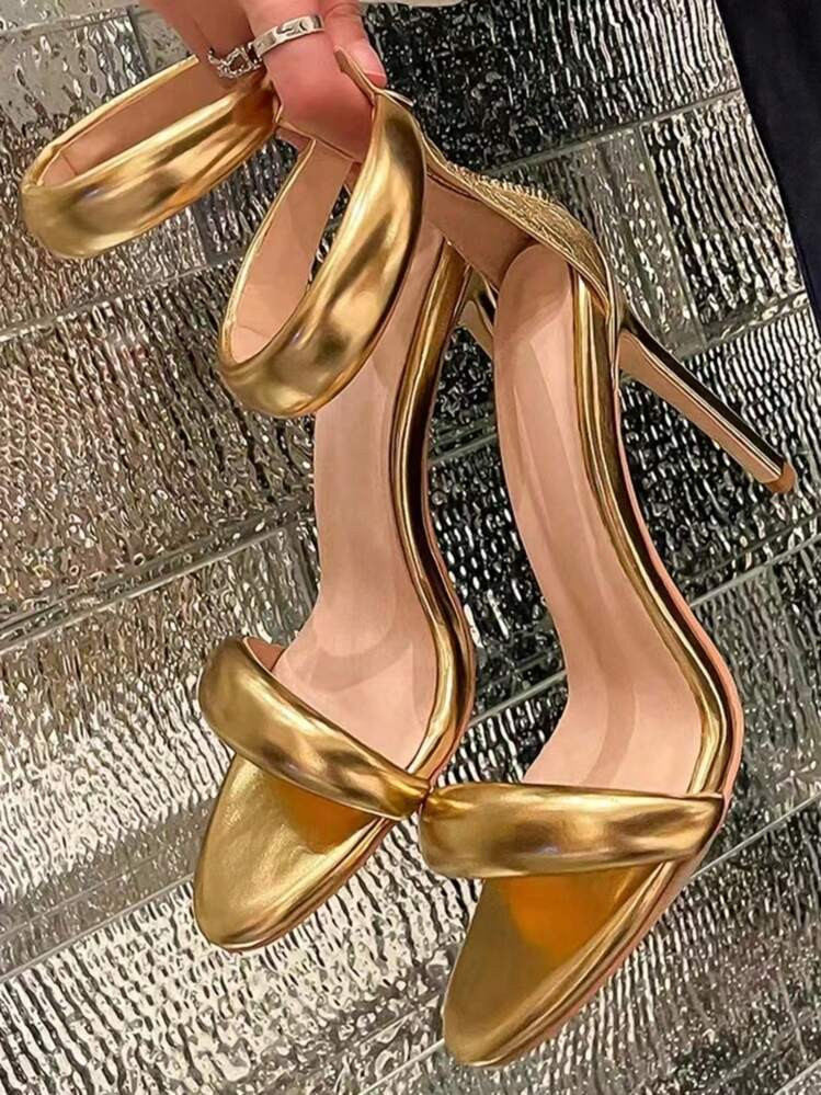 Gold-Color Fashion Runway Personalized Open Toe Thin Heel Strap Sandals | SHEIN