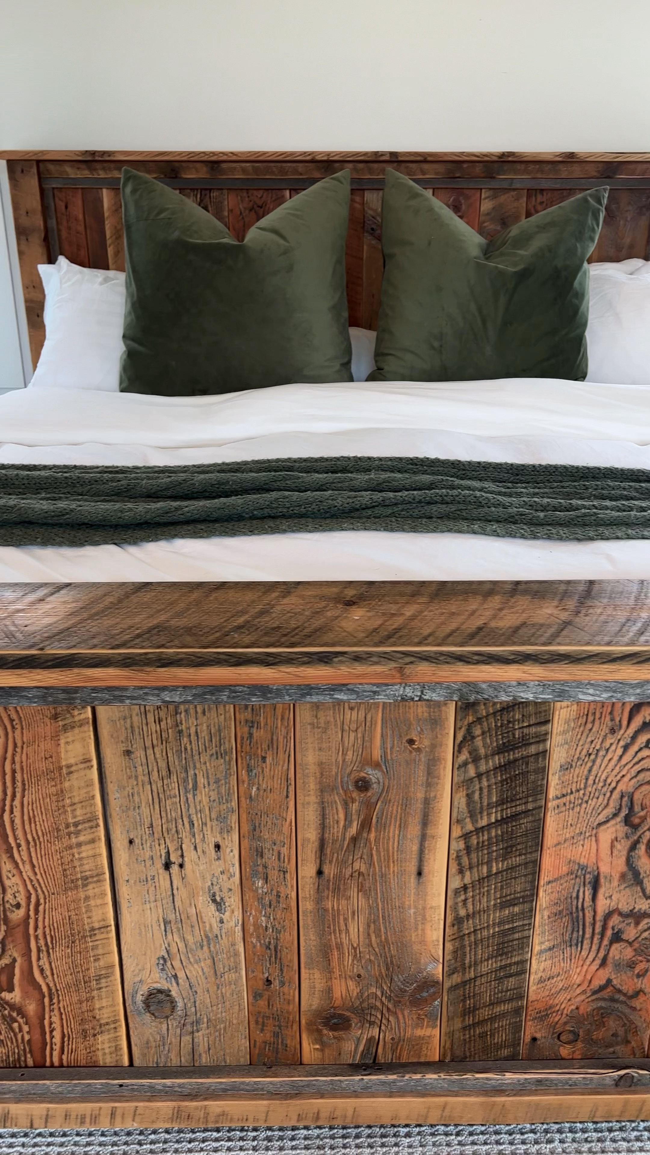 Master Bedroom

Rustic bedframe 
Modern bedding 
Green throw 
Green velvet accent pillow 
30 x 30 accent pillow 
Down throw pillow 
Floating side tables 
Black, small side tables 


#LTKVideo #LTKHome