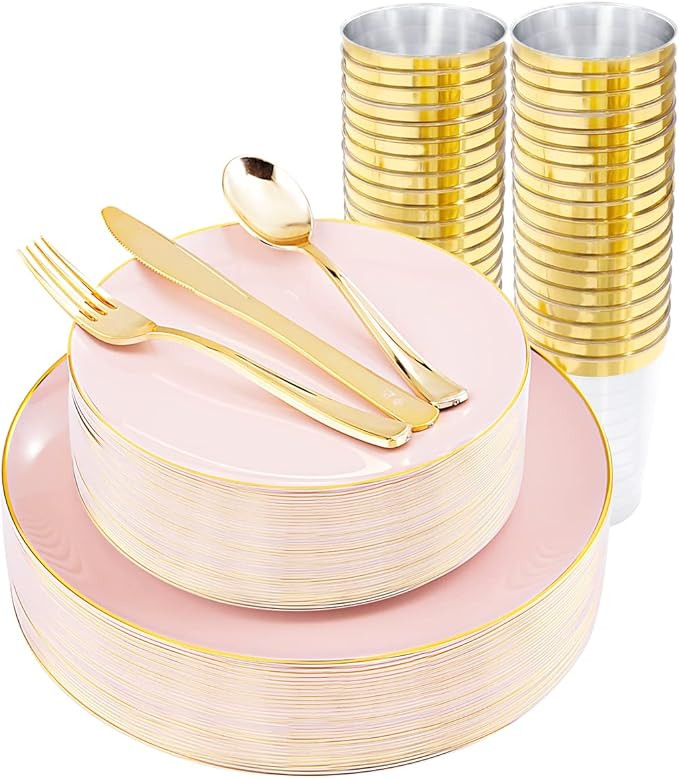 LIYH 180pcs Pink Plastic Plates & Gold Plastic Dinnerware Set-Include 30 Dinner Plastic Plates,30... | Amazon (US)