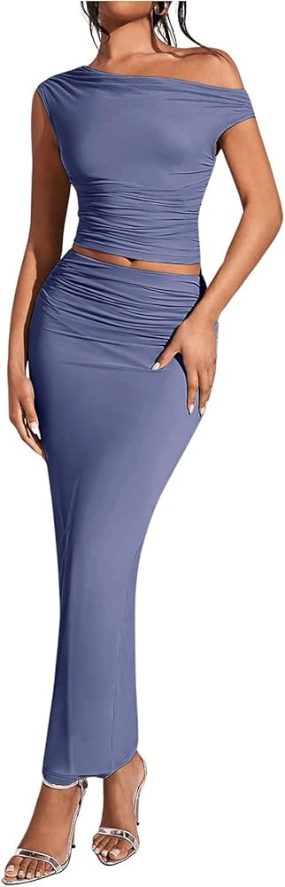 WDIRARA Women's 2 Piece Outfits One Shoulder Short Sleeve Crop Top and Ruched Bodycon Skirt Set | Amazon (US)