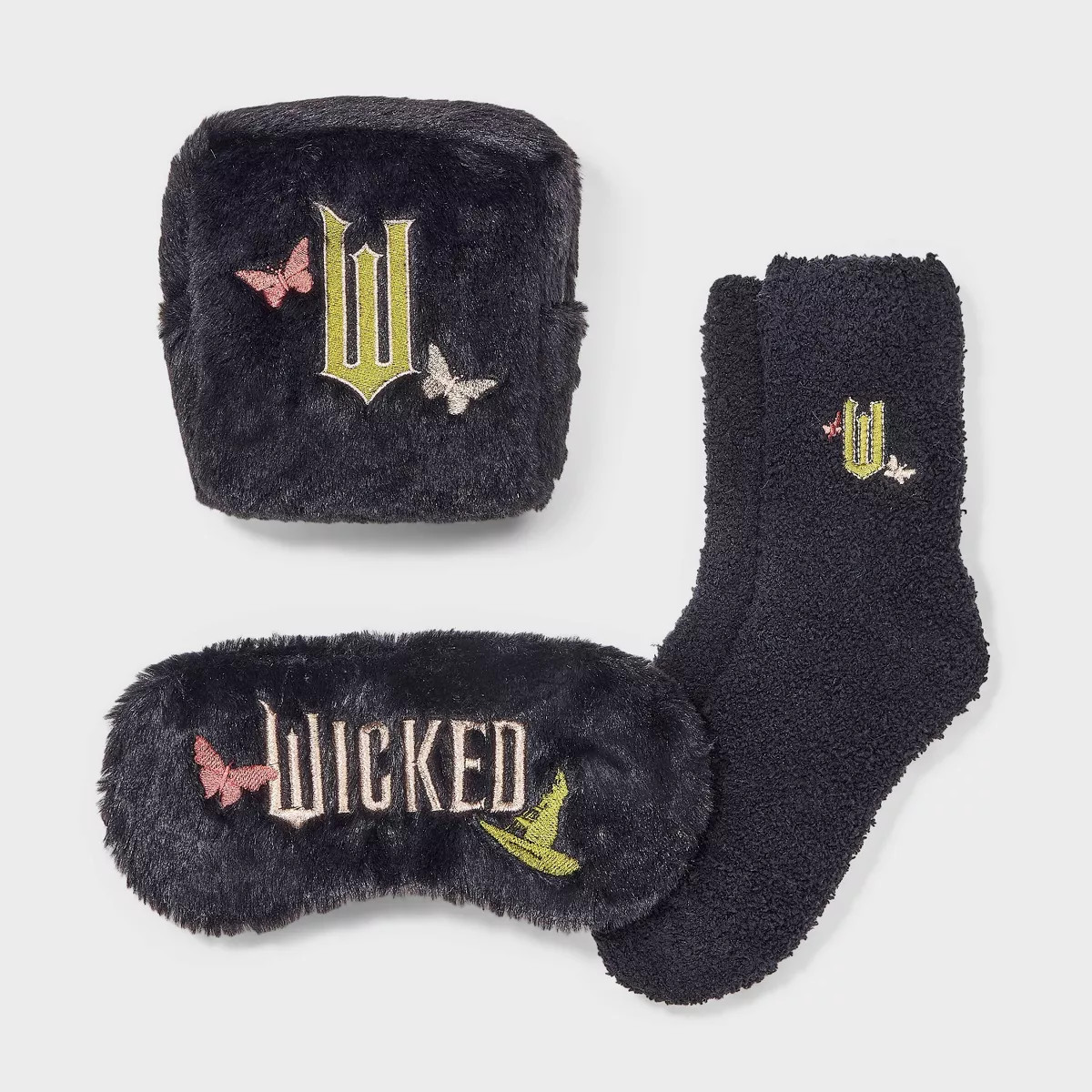 Women's Wicked Embroidered Faux Fur 3pk Cozy Gift Set with Reusable Pouch, Cozy Socks and Eye Mas... | Target