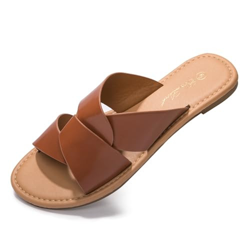 Eozlink Women's Flat Sandals Dressy Summer Band Flat Slide Sandal Slip-on Cross Strappy Crosscriss Flat Sandal Black White Gold Brown (Brown US 10) | Amazon (US)