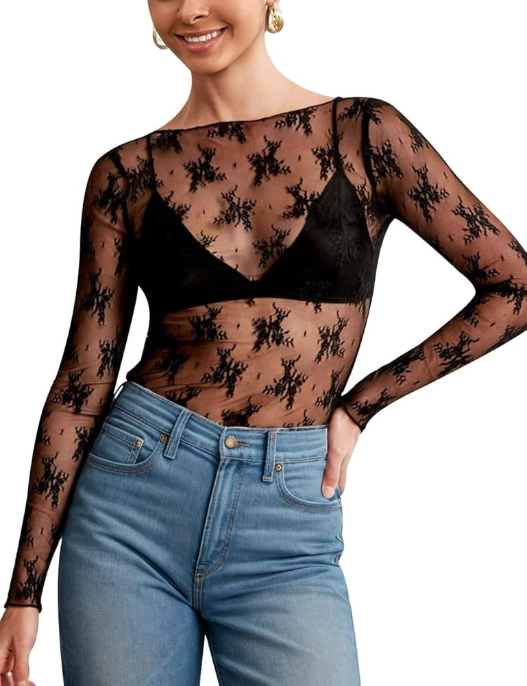 KTILG Womens Lace Long Sleeve Boat Neck Tops Sheer Blouse Sexy See Through Shirt Mesh Top S-XXL | Amazon (US)