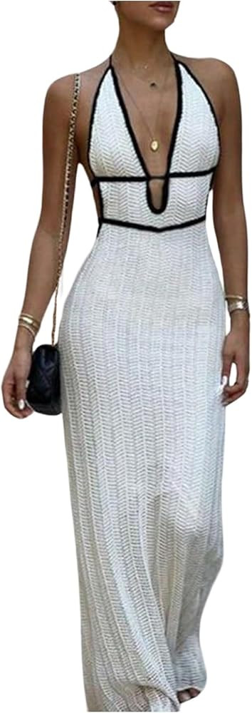 GORGLITTER Women's Deep V Halter Knit Boho Maxi Dress Backless Crochet Birthday Fall Wedding Gues... | Amazon (US)