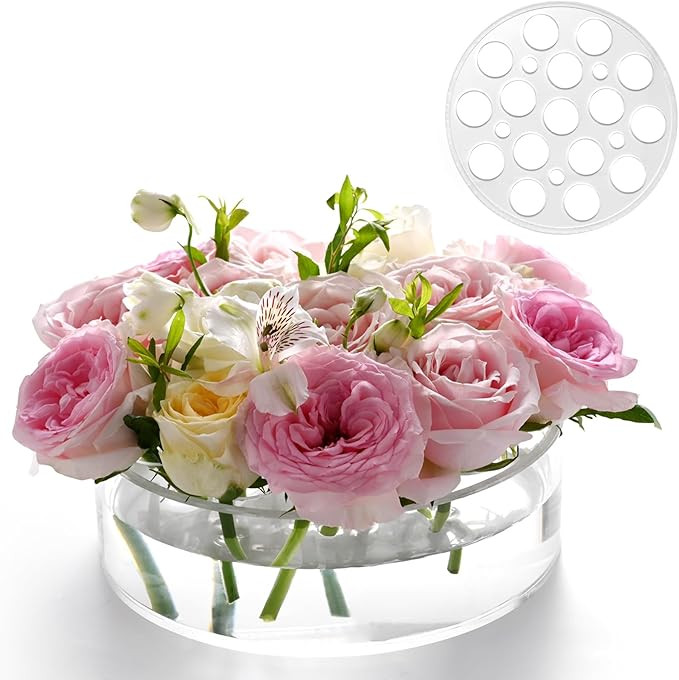 Acrylic Flower Vase 8 in Dia. Circular Leak-Proof Clear Acrylic Low Vase with 16+5 Holes - Low-Pr... | Amazon (US)
