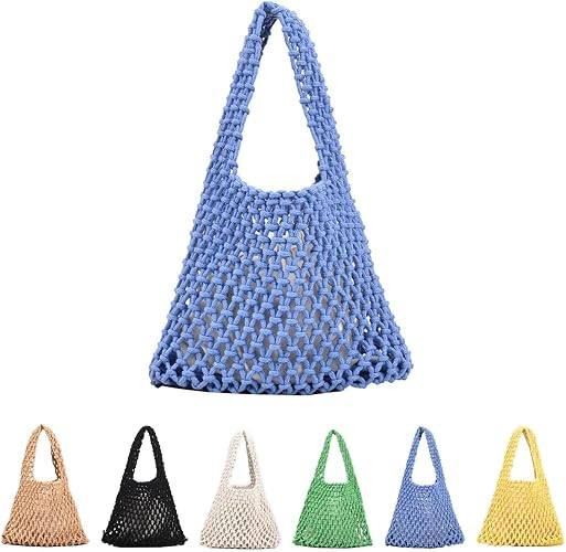 Crochet Tote bag for Women Mesh Knitted Satchel Purses Crochet Bucket Top-handle Drawstring Woven... | Amazon (US)