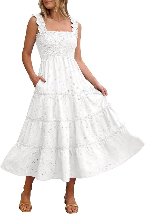 Caracilia Womens Summer Midi Dress Casual Square Neck Sleeveless Eyelet Smocked A Line Tiered 202... | Amazon (US)