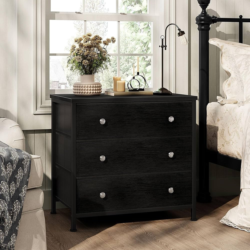 BOLUO Black Nightstand with Fabric Drawers, Large Night Stand 3 Drawer Dresser for Bedroom, Close... | Amazon (US)