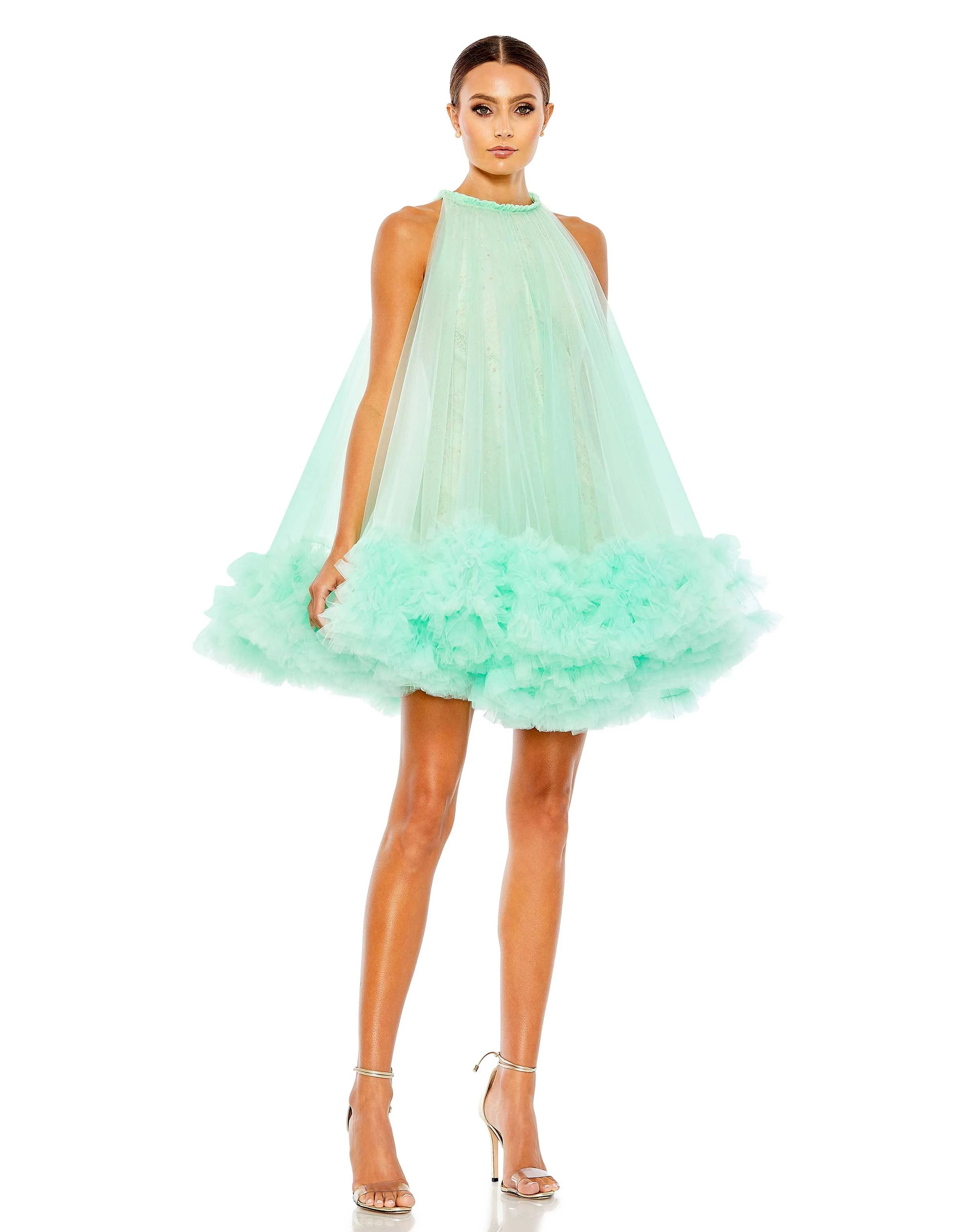 High Neck Gathered Tulle A-Line Swing Dress | Mac Duggal