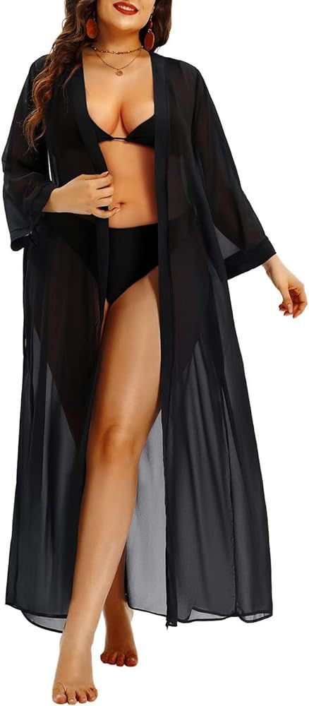 Plus Size Women Chiffon Beach Bikini Cover Up Long Tie Open Front Kimono Cardigan | Amazon (US)