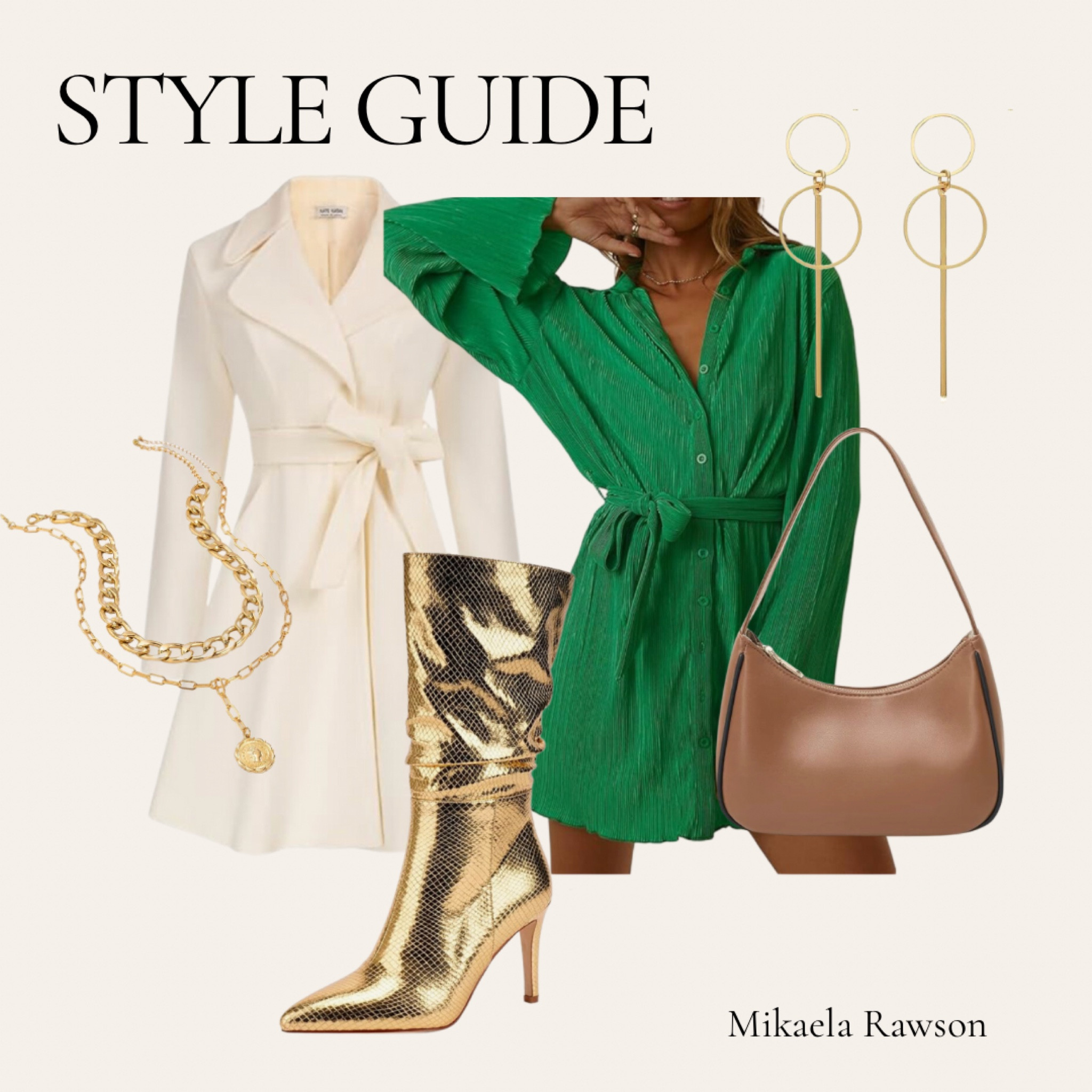 STULE GUIDE BY MIK 

green dress for the holidays. White trench coat for women. Gold boots. Gold chunky necklace. Statement earrings. Brown handbag  

#LTKSeasonal #LTKmidsize #LTKHoliday